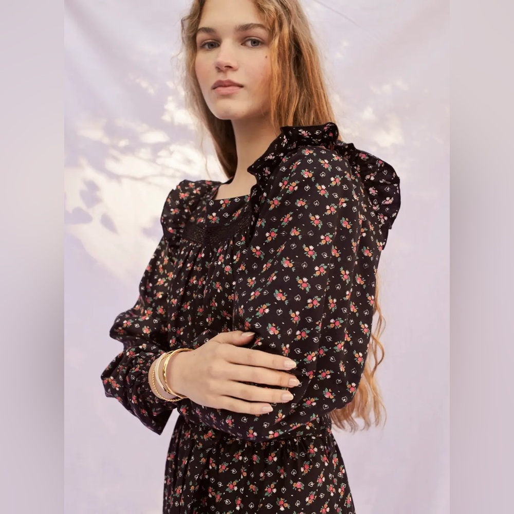 Smocked Floral Maxi Dress in Black with Pink Accents - Picture 3 of 6